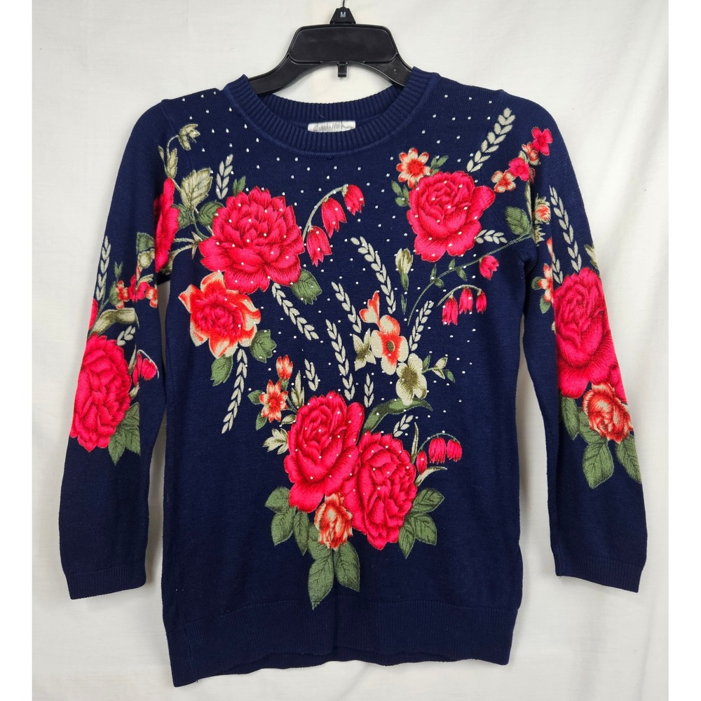 Rebecca Malone Navy Blue‎ Floral Rose Rhinestone Knit Sweater Med Feminine